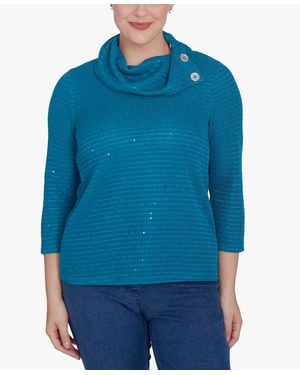 Ruby Rd. Petite Split Cowl Neck Sequin Knit Top - Blue