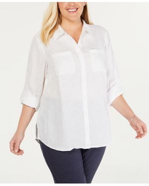 Charter Club Plus Size Roll-tab 100% Linen Shirt - White