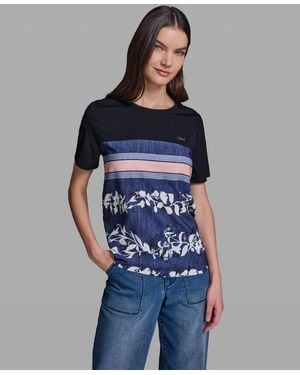 KARL LAGERFELD Short-sleeve Mix-media Printed Knit Top - Blue