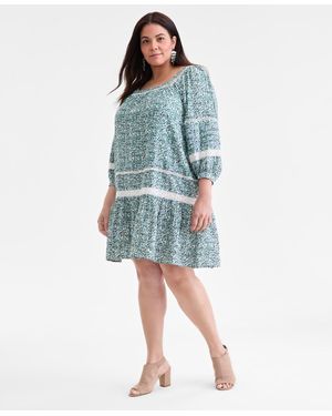 Style & Co. Plus Size Printed Lace-trim 3/4-sleeve Dress - Blue