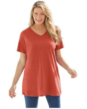 Woman Within Plus Size Perfect Short-sleeve V-neck Tunic - Red