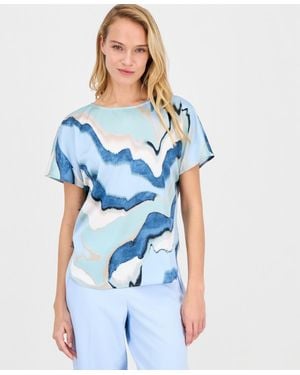 Anne Klein Printed Boat-neck Short-sleeve Top - Blue
