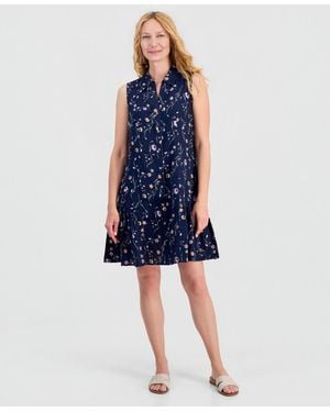 Style & Co. Printed Cotton Sleeveless Shirtdress - Blue