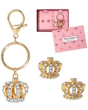 Juicy Couture Gold-tone Crystal Crown Keychain & Earring Set - Pink