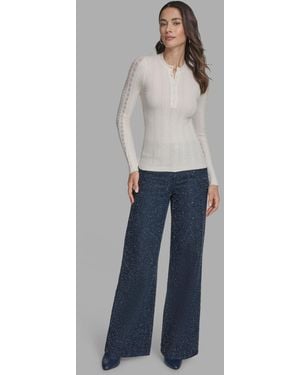 BCBGMAXAZRIA Long Sleeve Mix-stitch Henley Neck Sweater - Blue