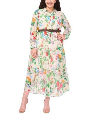 Msk Plus Size Long-sleeve Floral Print Belted Maxi Shirtdress - White