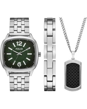 Folio Quartz Three-hand Silver Alloy Watch Set - White