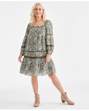 Style & Co. Cotton Printed Crochet-trim Shift Dress - White
