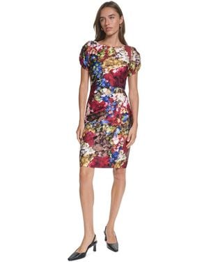 KARL LAGERFELD Floral-print Short-sleeve Scuba Crepe Dress - Red
