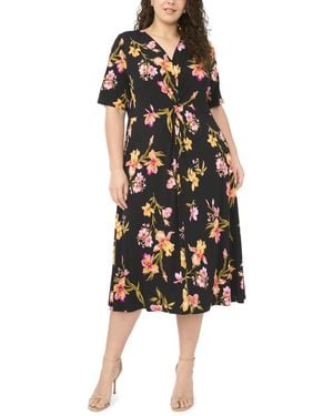 Msk Plus Size V-neck Printed Midi Dress - Black
