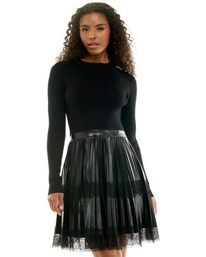 Invitee Long-sleeve Crewneck Pleated Faux Leather Sweater Dress - Black