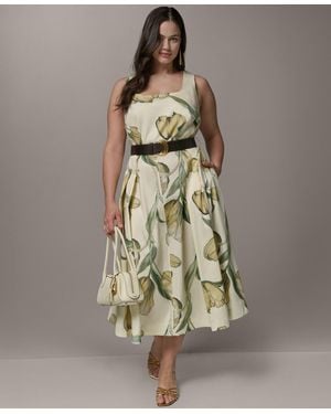 Donna Karan Plus Size Square Neck Belted Printed Midi Dress - Multicolor