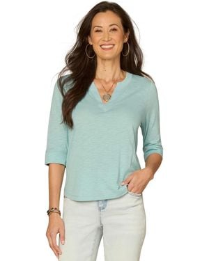 Democracy Petite 3/4-sleeve Split Neckline Knit Top - Green