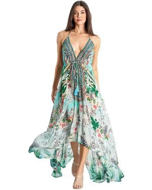 La Moda Clothing Maxi Boho Art Halterneck Dress - Blue
