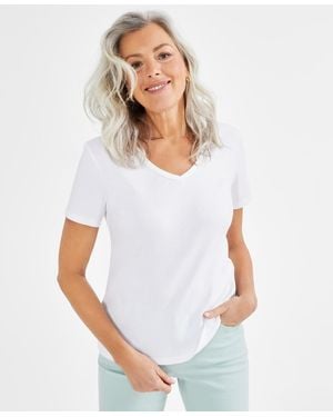 Style & Co. Cotton Short Sleeve V-neck Top - White
