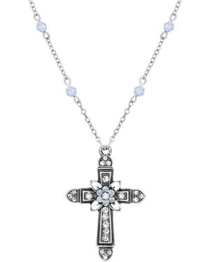 Symbols of Faith Silver-tone Cross Center Flower Clear Sapphire Crystals 16" + 3" Necklace - Metallic