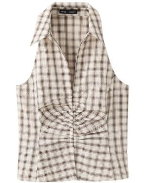 Mango Plaid Ruched V-neck Blouse - Natural