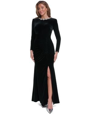 Eliza J Long-sleeve Embellished Jewel Neck Mermaid Velvet Gown - Black