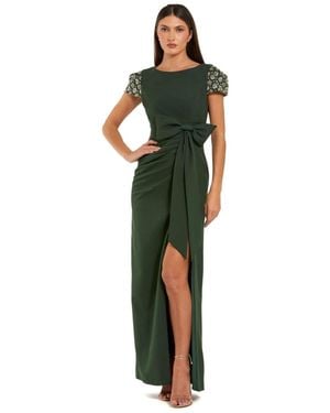 Mac Duggal Beaded Cap Sleeve Crepe Gown With Bow And Slit - Green