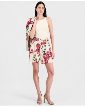 Tahari Floral-print Pleated Shorts - Red