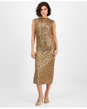 Anne Klein Drape-neck Sleeveless Sequin Dress - Natural