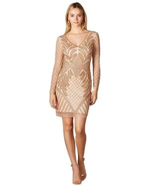 Lara Long Sleeve Beaded Cocktail Dress - Natural