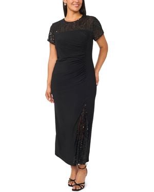 Msk Plus Size Beaded Mesh Side Ruched Short-sleeve Gown - Black