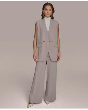 Donna Karan Petite V Neck One Button Vest Pinstripe Wide Leg Pants - Brown