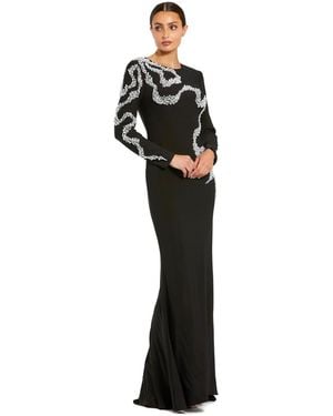 Mac Duggal Petite Jersey Long Sleeve Beaded Column Gown - Black