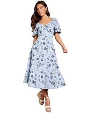 Coast Puff Sleeve Embroidered Midi Dress - Blue