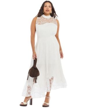 June + Vie Plus Size Linen-blend Eyelet-trim Fitted Bodice A-line Midi Dress - White