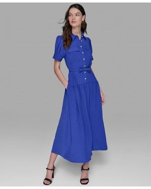 Karl Lagerfeld Belted Puff-sleeve Midi Shirtdress - Blue