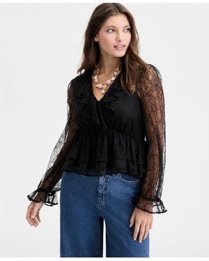 On 34th V-neck Ruffle Lace Top - Black