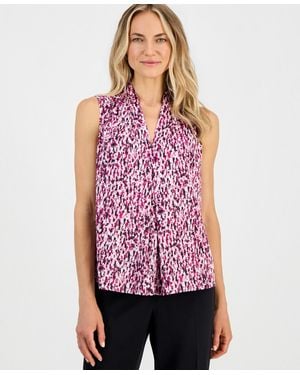 Kasper Printed V-neck Inverted-pleat Blouse - Red