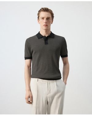 Mango Striped Knit Cotton Polo Shirt - Gray