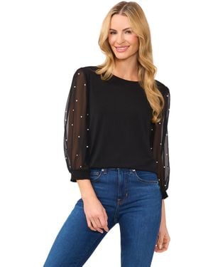 Cece Mixed Media Imitation-pearl-stud Top - Black