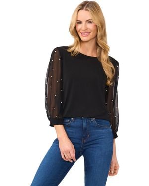 Cece Mixed Media Imitation-pearl-stud Top - Black