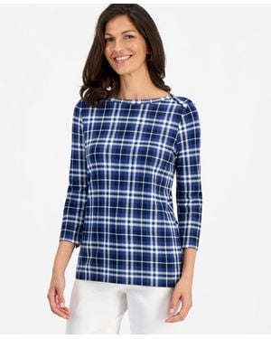 Style & Co. Dani Pima Cotton Plaid 3/4-sleeve Boatneck T-shirt - Blue