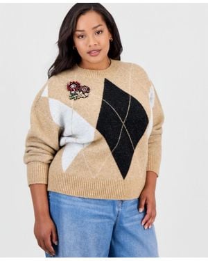 On 34th Plus Size Argyle Crewneck Rhinestone Patch Applique Sweater - Blue