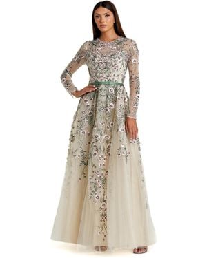 Mac Duggal Long Sleeve Floral Embellished A-line Gown - Natural