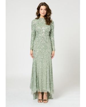 MARYISA Modest Embellished Sequin Beaded Maxi Trail Dress - Green
