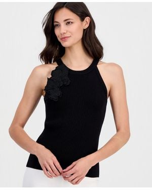 Tahari Round-neck Floral-applique Rib-knit Top - Black