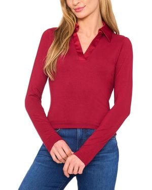 Cece Woven-collar Knit Long-sleeve Top - Red