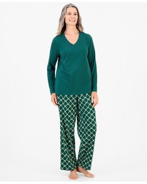 Charter Club Cotton-blend Long Sleeve V-neck Pajama Pant Set - Green