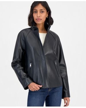 Calvin Klein Leather Stand-collar Zip-up Jacket - Blue