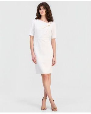 Anne Klein Asymmetric Neck Elbow Sleeve Dress - White