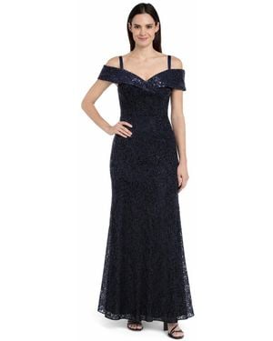 R & M Richards Petite Sequined Lace Gown - Blue