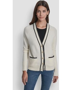 DKNY Long Sleeve Tipped V-neck Cardigan Sweater - Natural