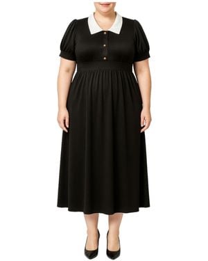 Standards & Practices Plus Size Puff-sleeve Contrast-collar Midi Dress - Black