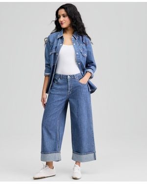 And Now This Petite Striped Cuffed Wide-leg Jeans - Blue